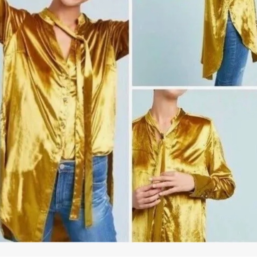 Anthropologie Maeve Crushed Velvet High Low Tunic￼ Top Size 4 Yellow Gold Boho